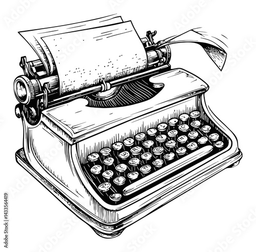 Vintage Typewriter Engraving Illustration with Blank Paper Ready