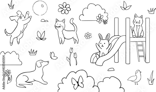 Black and white line drawing of cute animals playing in a garden. dog jumping for a ball, cat walking, rabbit, and a cat on a climbing structure. Simple nature elements 