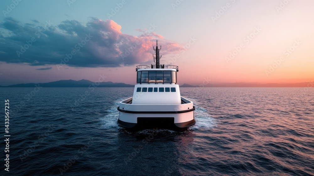 Obraz premium A sleek boat navigates calm waters under a colorful sunset, surrounded by distant mountains and dramatic clouds.
