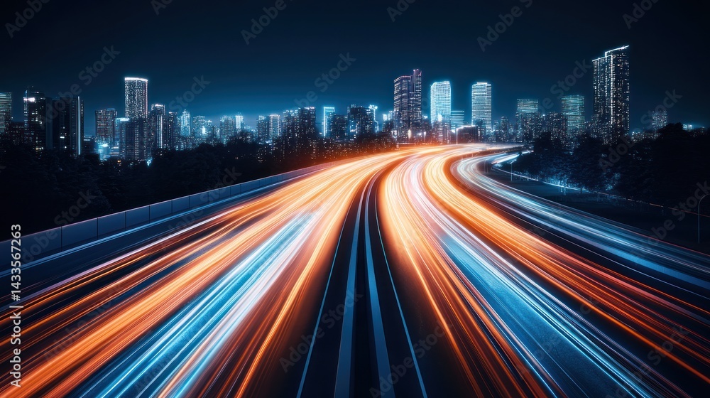 Fototapeta premium Night Highway Speed, Cityscape, Traffic