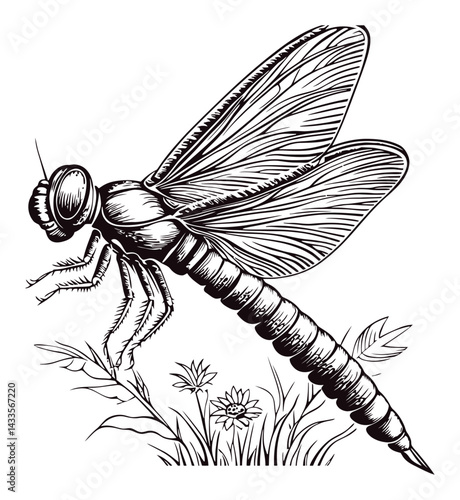 Detailed Black and White Engraving of a Dragonfly Illustration