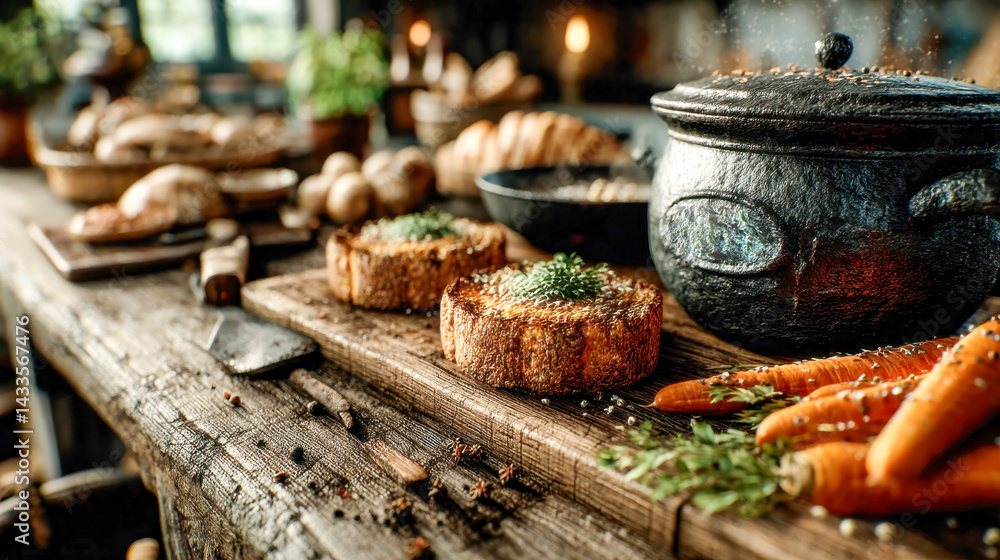 Fototapeta premium Steamy kitchen scene with a cast iron pot, baked bread rolls, and rustic dishes on a wooden table during meal prep