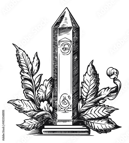 Detailed Engraving of an Obelisk Surrounded by Stylized Leaves