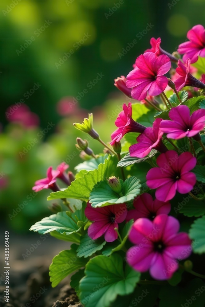 Lush green foliage with bright pink and purple petunias and geraniums , pink, flowers, summer Lush green foliage with bright pink and purple petunias and geraniums , pink, flowers, summer