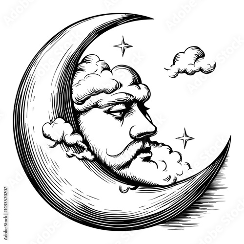 Vintage Moon and Cloud Engraving with Face Illustration
