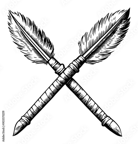Crossed Feather Quills with Detailed Engraving Style Illustration
