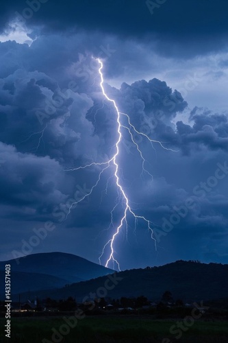 lightning strikes through the sky over a mountain range in a storm