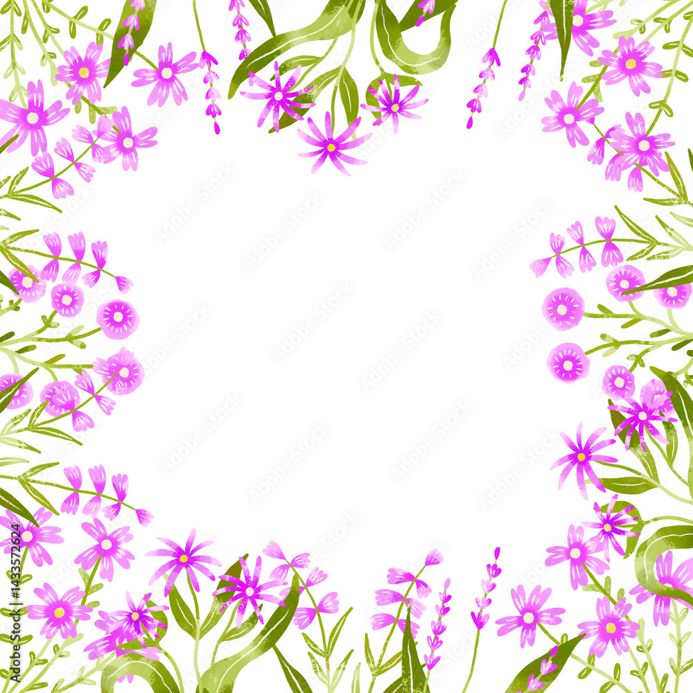 Square greeting card with purple blossom flowers. Botanical hand drawn watercolor illustration. Card template Square greeting card with purple blossom flowers. Botanical hand drawn watercolor illustration. Card template