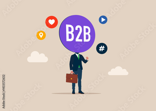Businessman with a B2B word in speech bubble instead of a head on shoulders. Social media network ads and internet. Flat vector illustration.