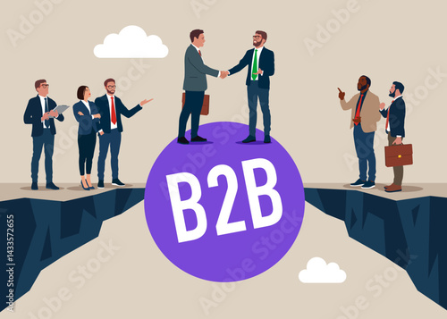B2B cooperation between business people. Business to business online. Business people enter into agreement. Successful business collaboration. Marketing, strategy, commerce. Vector illustration
