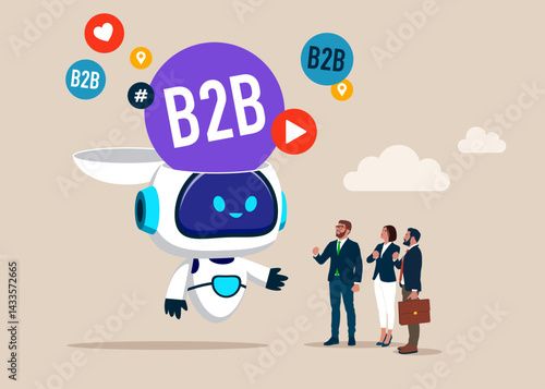 Open robot head to see B2B word in speech bubble. The recruiter selects the team. Business strategy. Goal and target, business development. SMM, Internet notification. Flat vector illustration