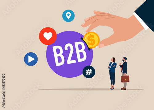 Financing social media network ads and internet. SMM, Internet notification. B2B word in speech bubble. B2B marketing. Investment . Flat vector illustration