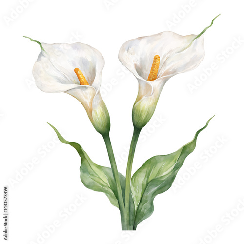 Two Calla Lily Flowers with Leaves Isolated Hand Drawn Watercolor Painting Illustration
