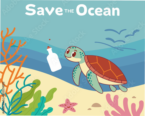 Cute turtle exploring ocean, promoting ocean conservation  