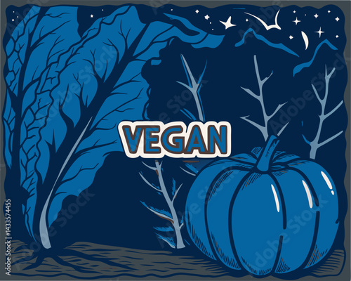 Vegan Pumpkin and Greens Illustration against Dark Background  