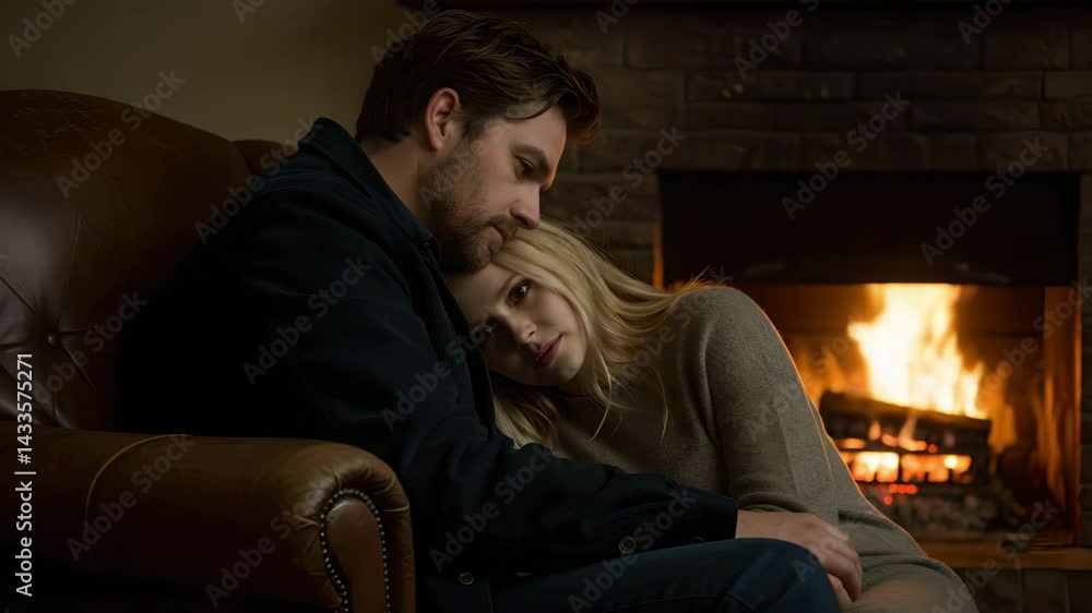 A man resting his forehead on a woman’s shoulder as they sit quietly by the fireplace A man resting his forehead on a woman’s shoulder as they sit quietly by the fireplace