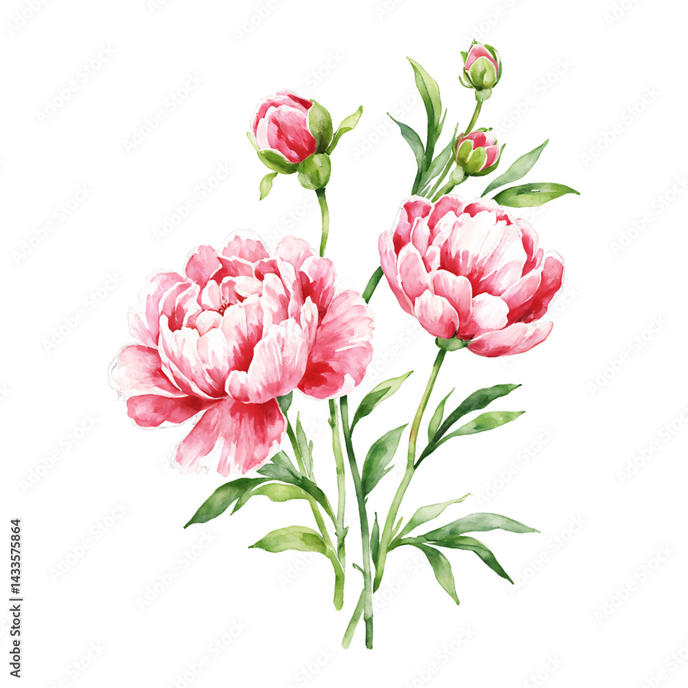 Fototapeta premium Peony Flowers with Green Leaves and Buds Isolated Hand Drawn Watercolor Painting Illustration