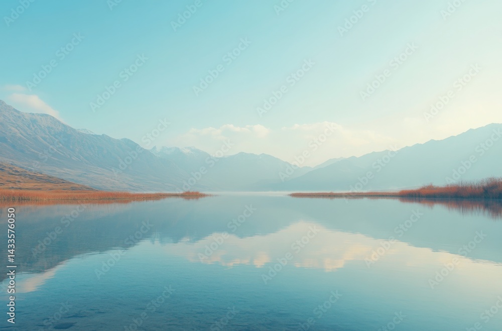 Obraz premium Serene highland lake reflecting mountains under morning light, blue sky fading into mist