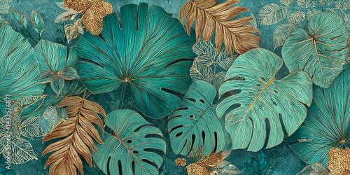 Teal and gold tropical leaves, detailed texture, lush and vibrant design, evokes feelings of nature, tranquility and luxury