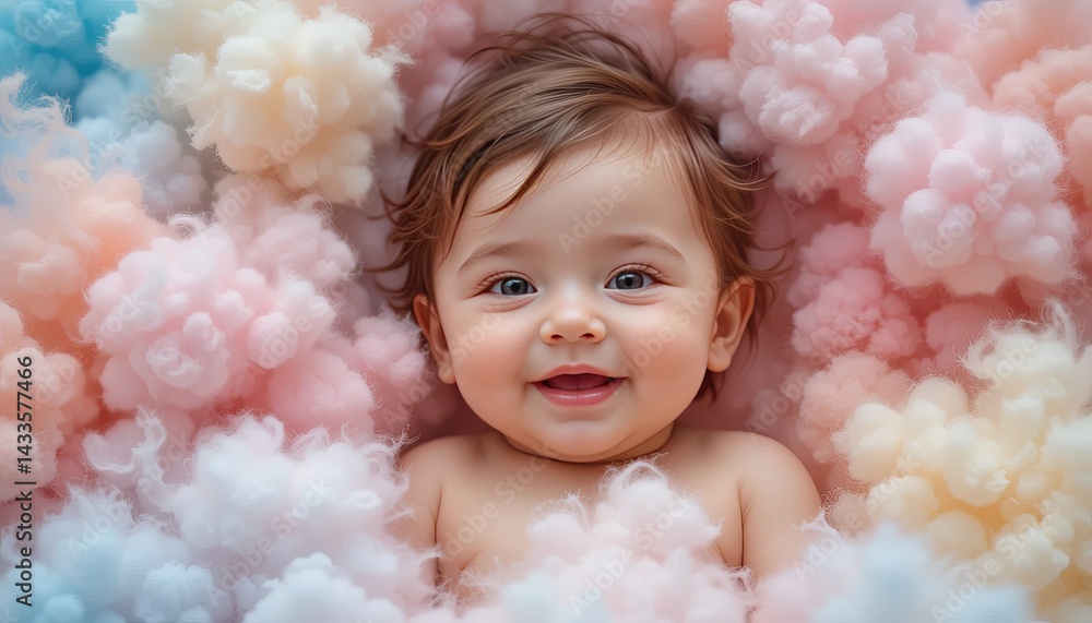 A happy baby lying on a fluffy cloud of pastel colors with a sweet smile on their adorable face A happy baby lying on a fluffy cloud of pastel colors with a sweet smile on their adorable face
