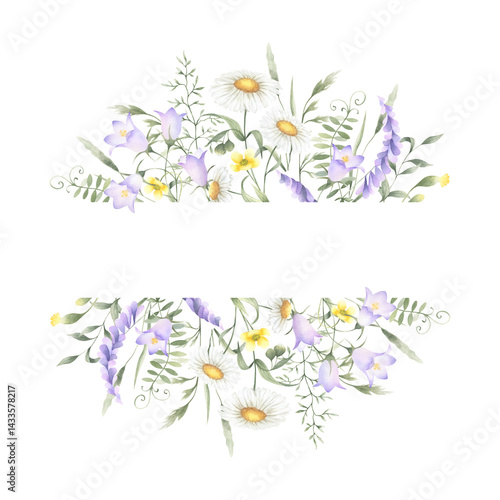 Watercolor wildflowers chamomile, bellflower, buttercup, mouse pea and meadow grasses. Hand drawn isolated square frame of yellow and lilac flowers with copy space for certificates, postcard, cards.