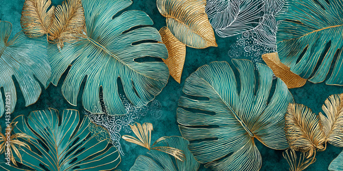Teal and gold tropical leaves pattern, detailed line art, luxurious and elegant design, ideal for decor or branding
