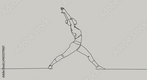Yoga practitioner in warrior pose illustrated in simple line art style on gray background
