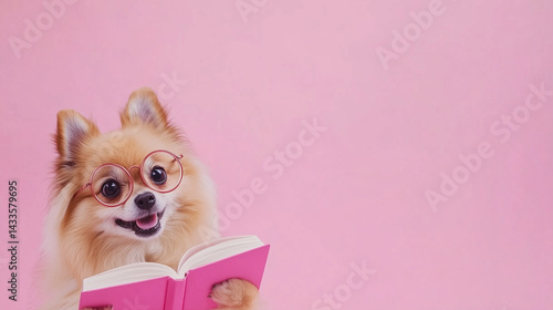Cute dog reading a pink book against a pastel pink background  