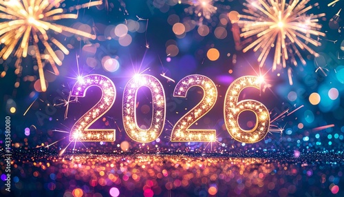 A spectacular celebration of New Year 2026 with vibrant lights, colorful sparkles, and an enchanting nighttime atmosphere. Fireworks, glitter, and a joyful mood fill the scene
