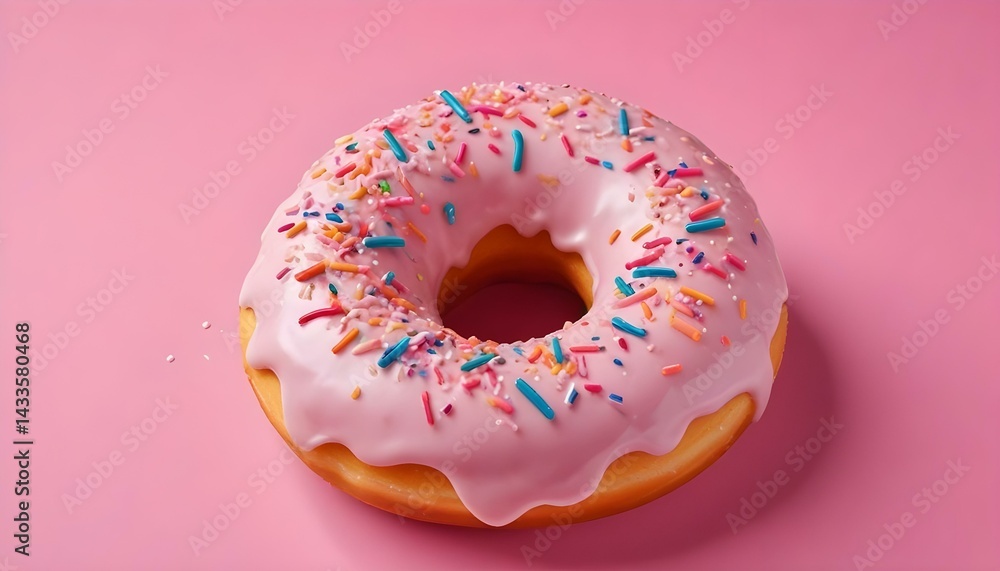 A delightful pink frosted donut with colorful sprinkles, perfect for a sweet treat or a dessert. A delightful pink frosted donut with colorful sprinkles, perfect for a sweet treat or a dessert.