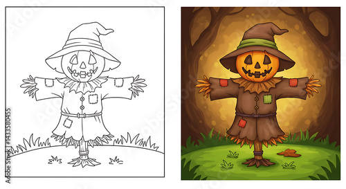 Scarecrow Illustration Comparison Coloring Page for Fall Season