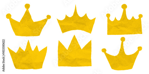 Collection of gold crumpled paper crown silhouettes on white background. Jagged torn edges, notebook sheet with gritty halftone texture, yellow symbol of royalty.