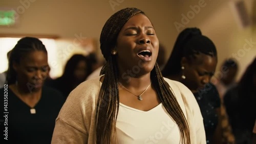 Woman singing passionately during church worship, expressive and emotional connection to spirituality, surrounded by congregation in prayerful unity