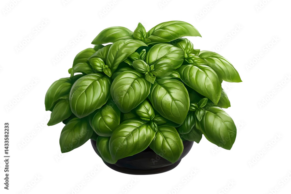 Realistic Illustration Of Basil Herb Plant In Black Pot On Transparent Background