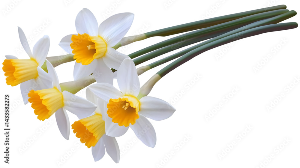 Realistic Illustration of Five White and Yellow Daffodil Flowers Isolated