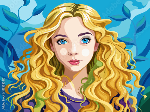 vector of Portrait of a beautiful young girl with very long curly blonde hair