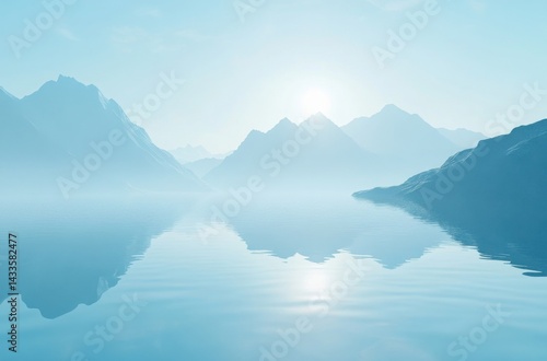 Still lake with crystal-clear reflection of glowing mountain ridges in morning light