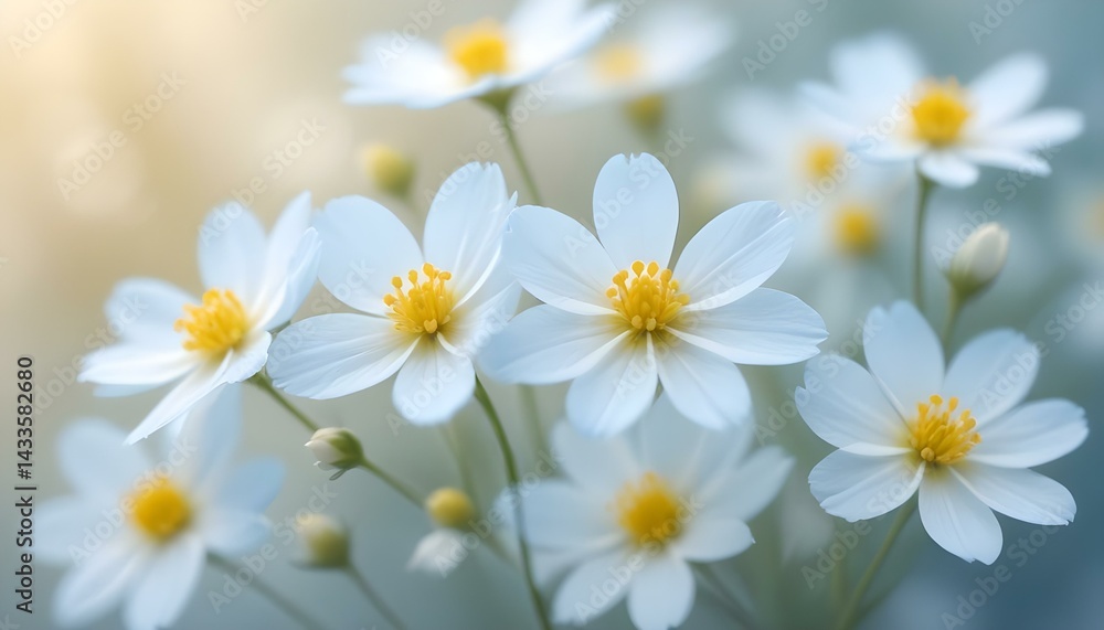 Obraz premium Delicate white flowers with vibrant yellow centers bloom in soft focus.
