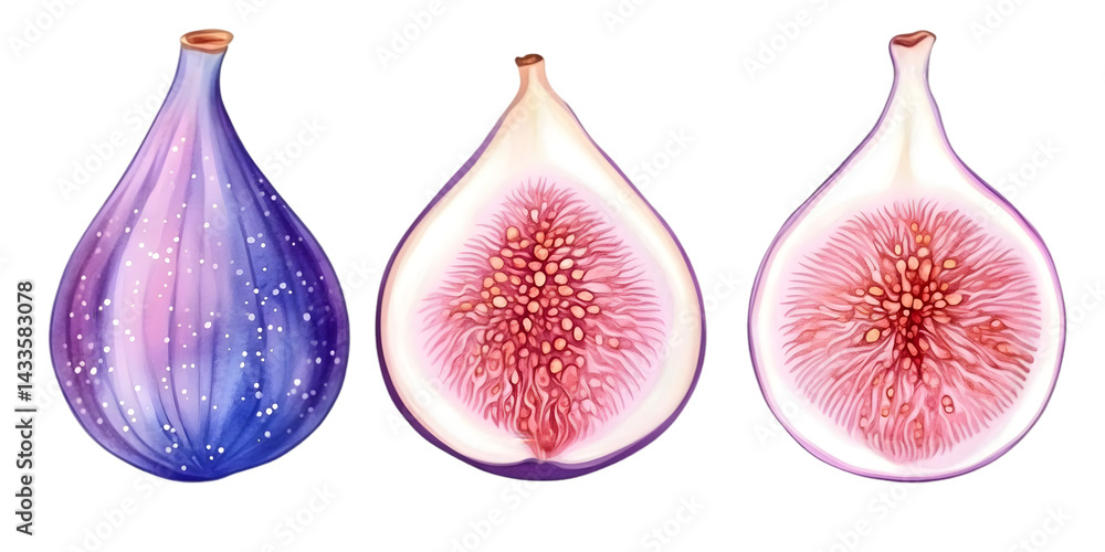 Realistic Illustration of Three Figs Purple Pink Fresh Isolated
