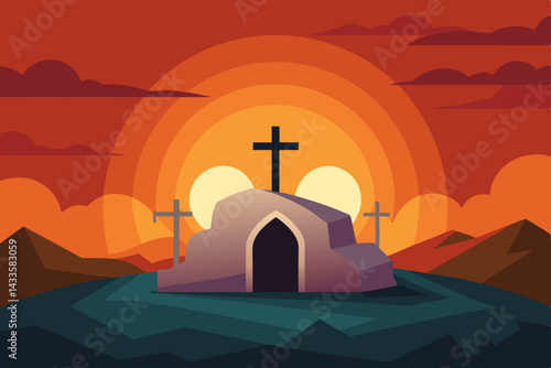 Empty Tomb with Crosses at Sunrise
