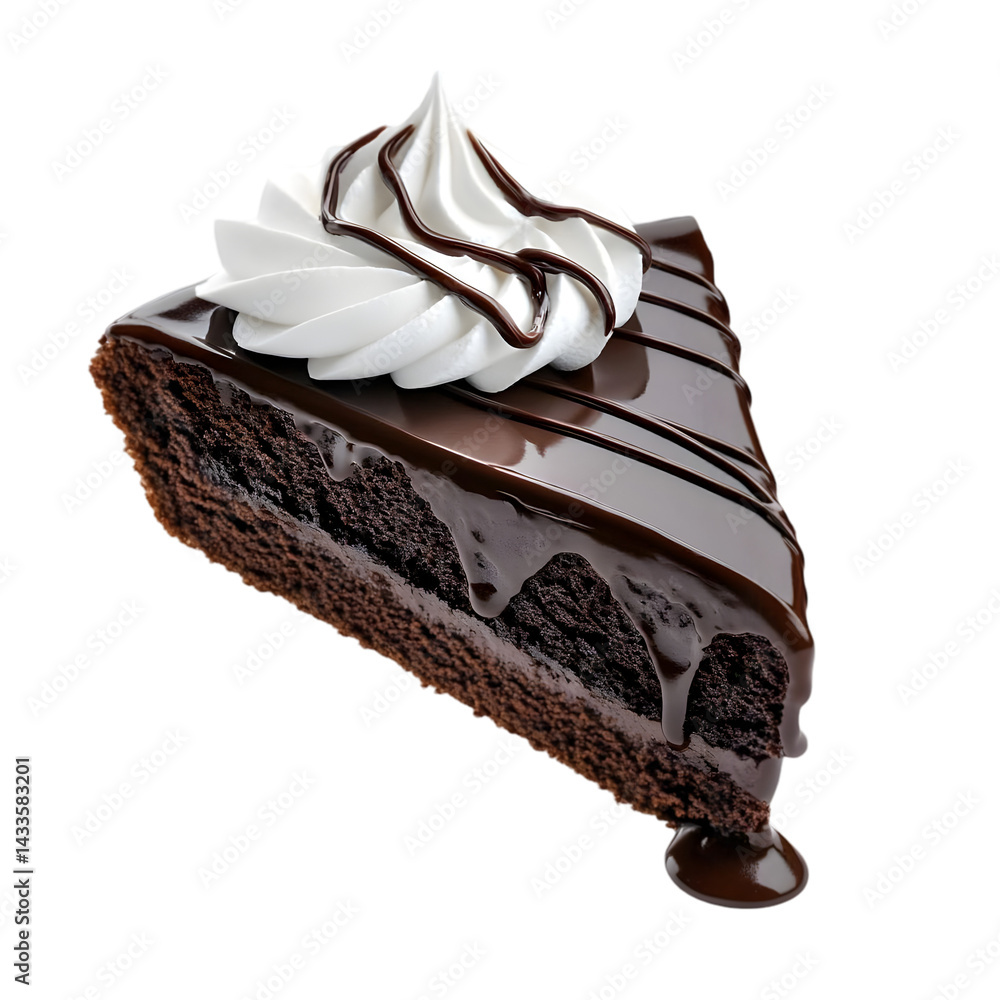 Realistic Image of a Chocolate Cake Slice with Whipped Cream Isolated