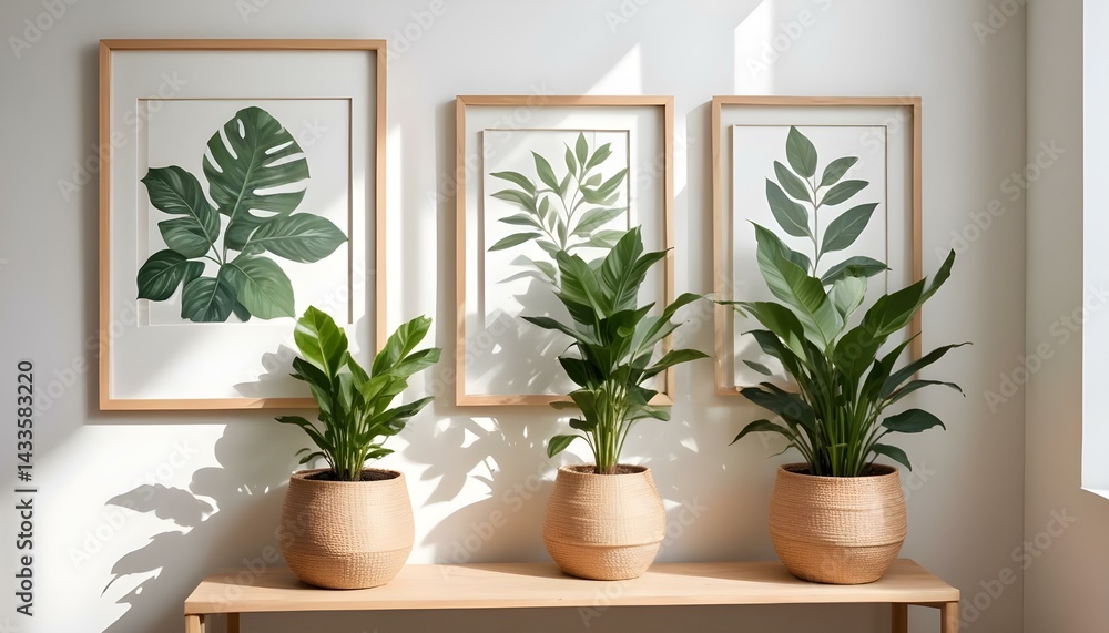 Fototapeta premium Stylish interior scene with three plants and framed botanical art, a clean and modern aesthetic.