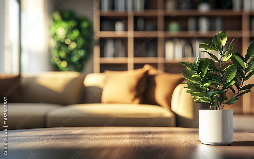 Naklejka premium A blurry living room with a sofa and coffee table, the close-up of the bookcase in focus, a beige sofa with brown pillows, a coffee cup on the glass-top coffee table, a blurred background, window ligh
