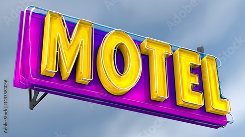 A classic neon motel sign with yellow letters on a purple background against a cloudy sky
