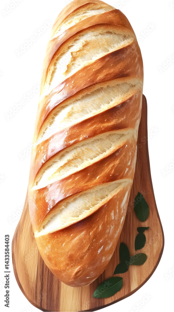 Realistic Photo of a Freshly Baked Baguette Loaf on Wooden Board Isolated with Transparent Background