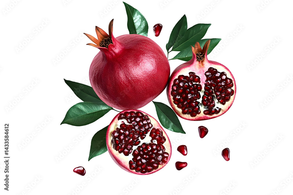 Realistic Photo Of Fresh Ripe Pomegranates With Leaves Isolated On Black Background
