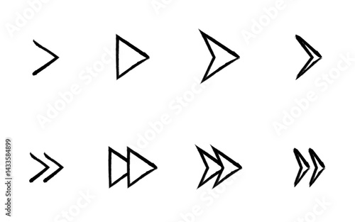 手描きの白黒でかわいいシンプルな矢印アイコンのセット、三角・再生・早送り