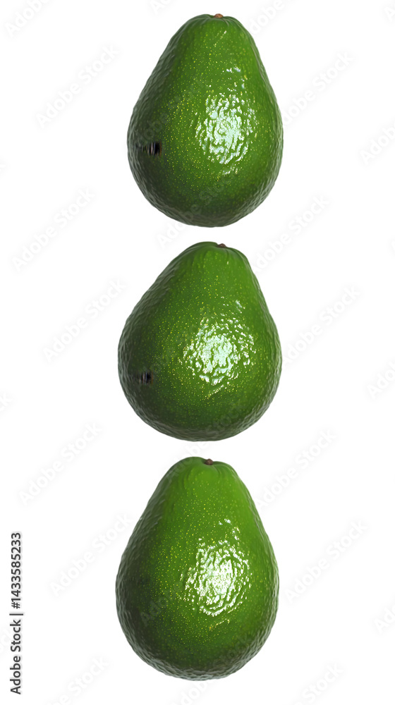Realistic Photo of Three Green Avocados Isolated on Transparent Background