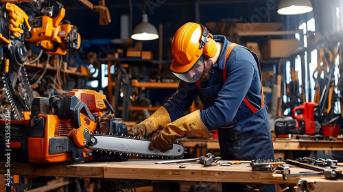 Focused Carpenter Using Chainsaw In Workshop