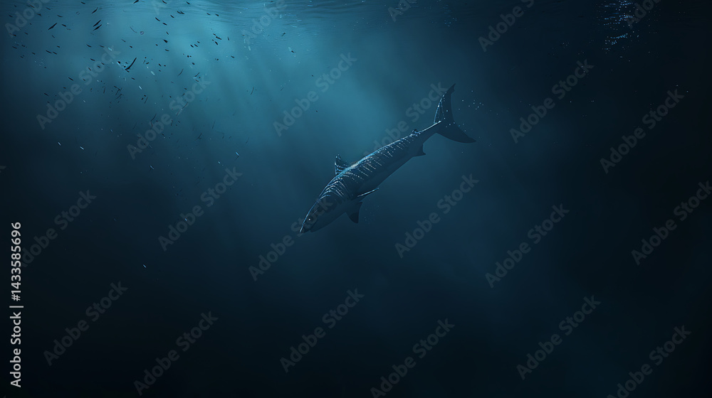 Obraz premium A solitary shark swims through the deep, shadowy blue ocean, illuminated by shafts of light filtering from the surface above.